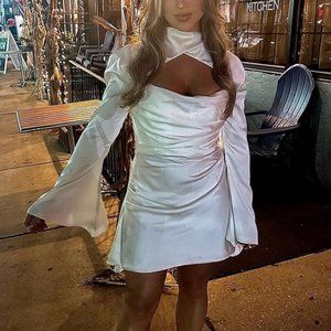 House of CB - Toira Long Sleeve Satin Corset Minidress in Ivory